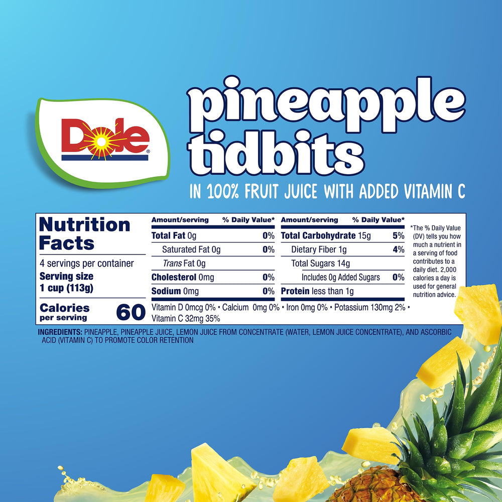 Dole Pineapple Tidbits close-up highlighting vitamin C content as a nutritious bite.