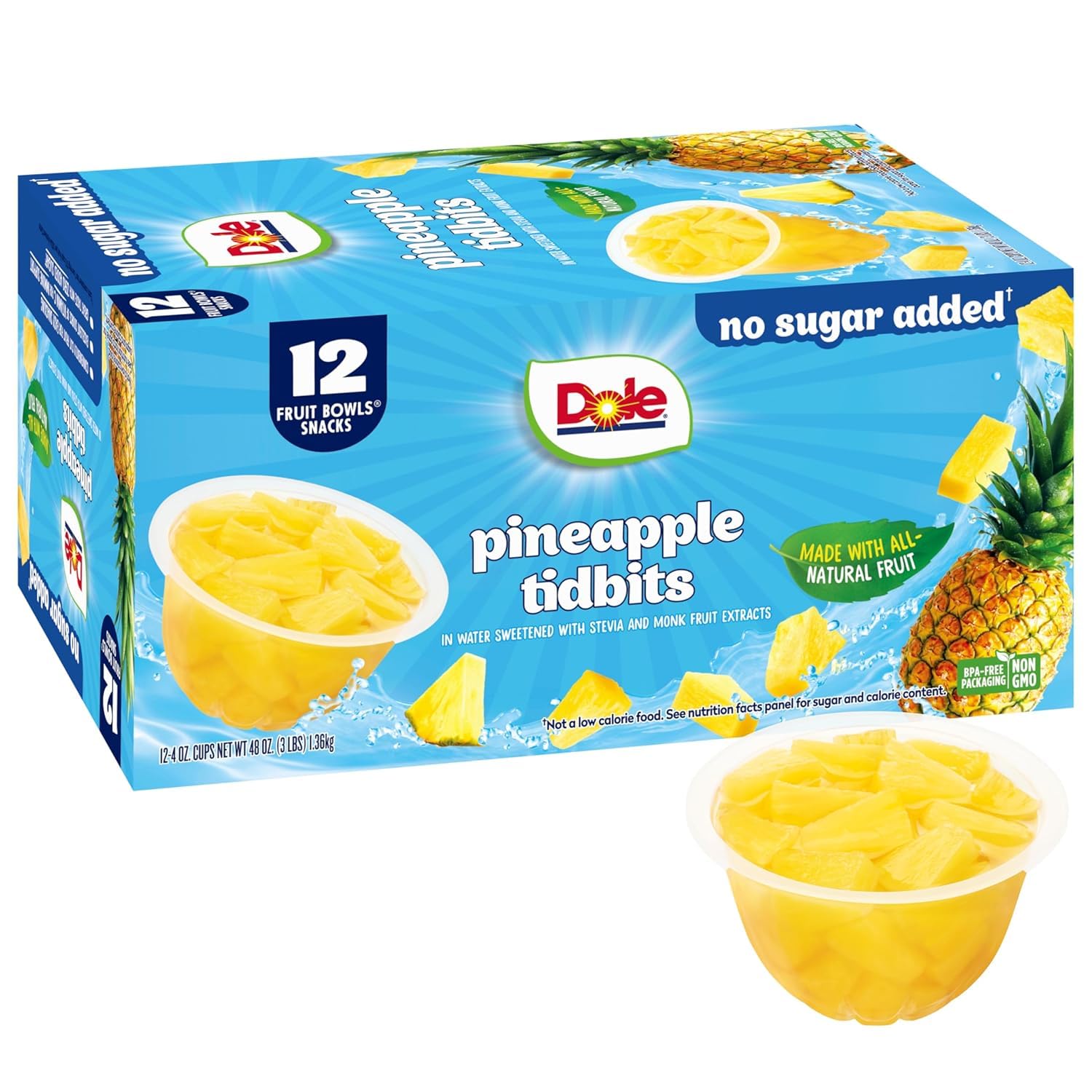 Dole Pineapple Tidbits No Sugar Added close-up—vitamin C rich bite-sized pieces.