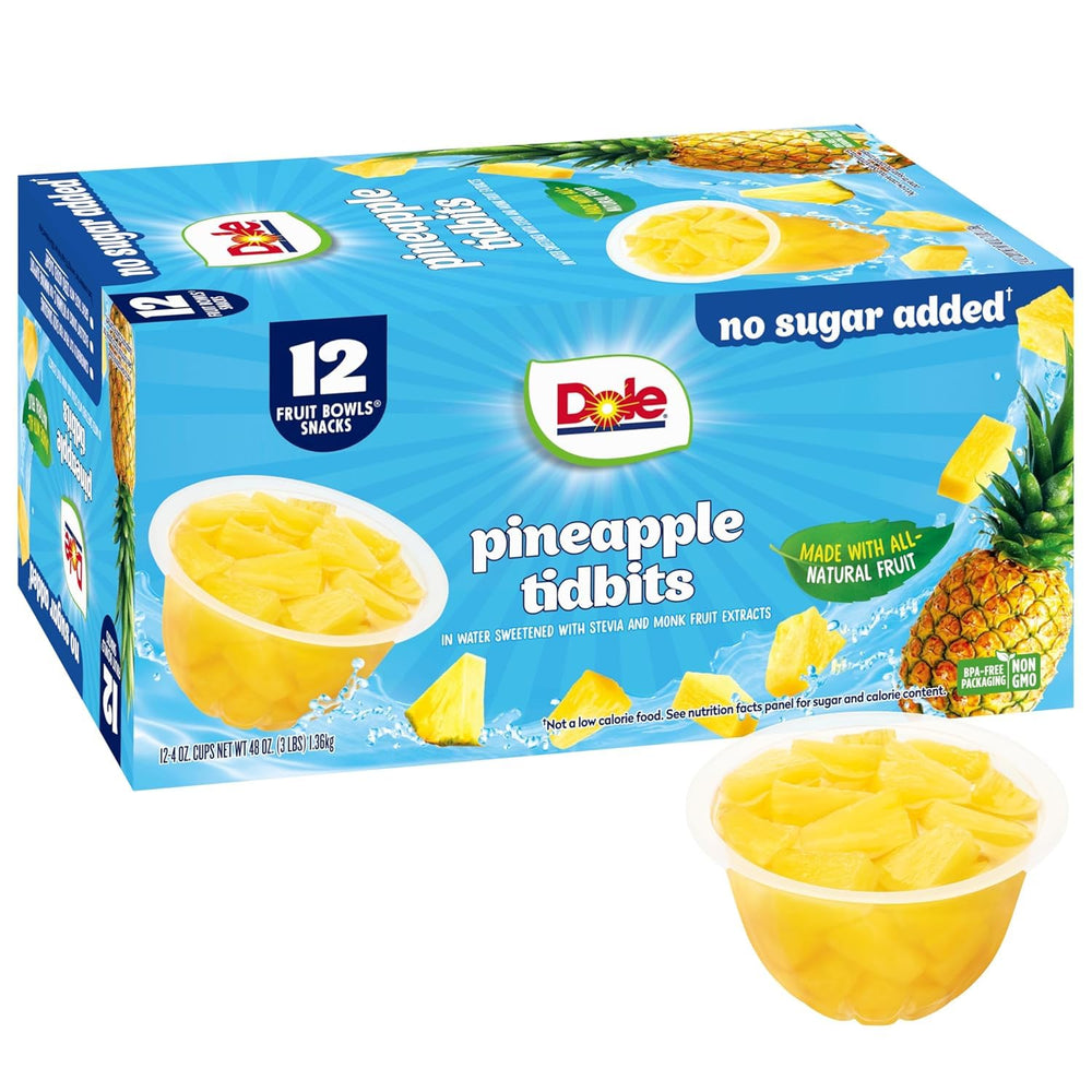 Dole Pineapple Tidbits No Sugar Added close-up—vitamin C rich bite-sized pieces.