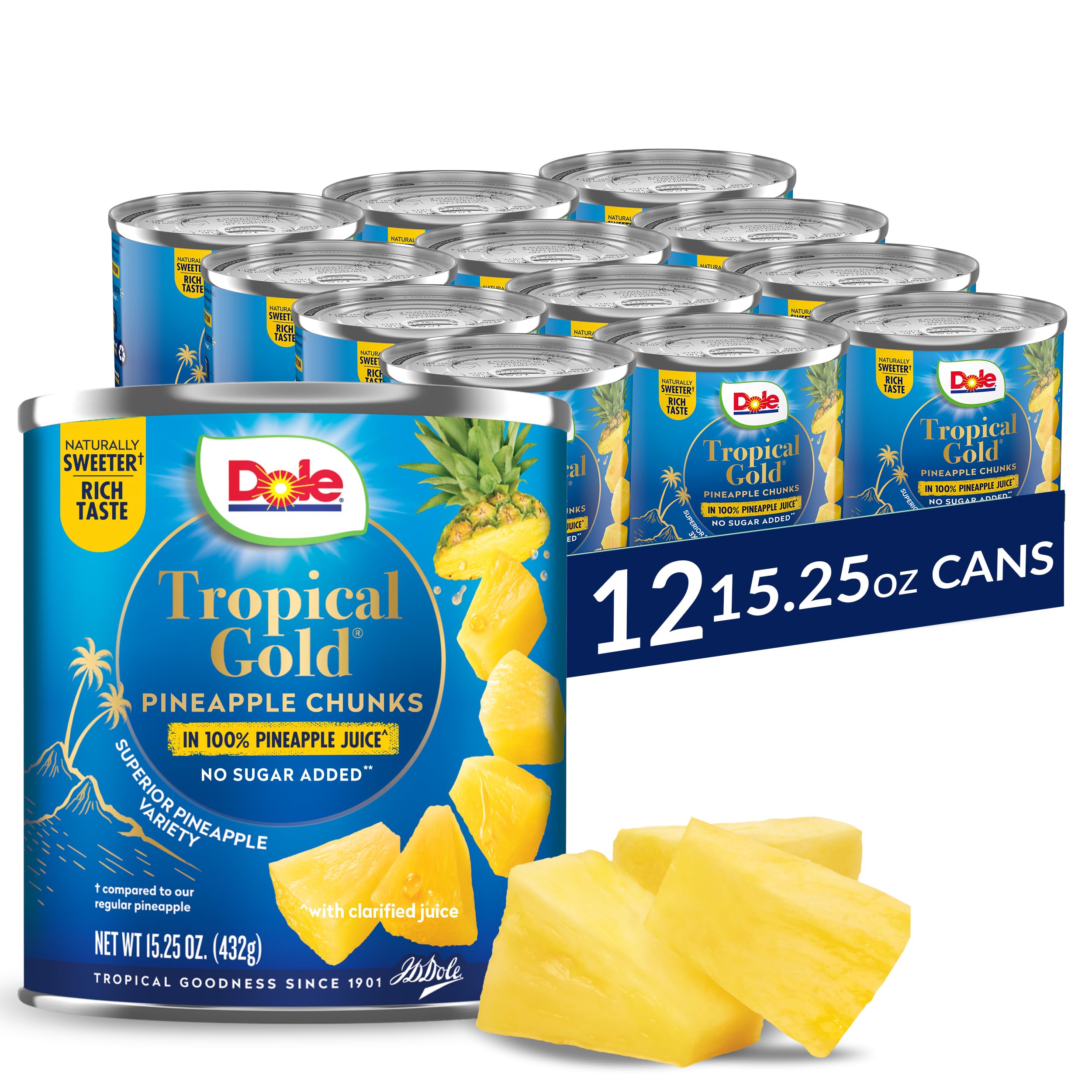 Dole Tropical Gold pineapple chunks in juice, glossy golden pieces ready for snacking