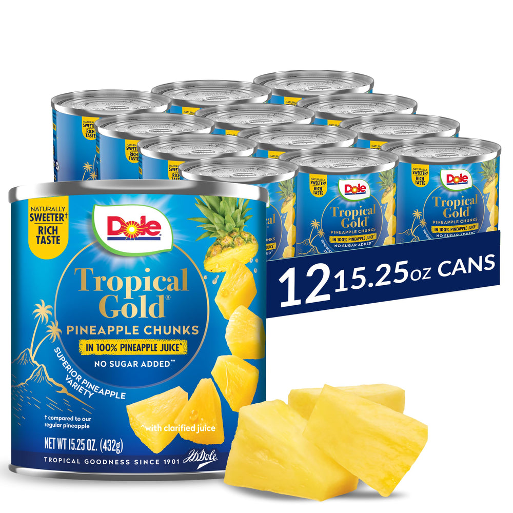 Dole Tropical Gold pineapple chunks in juice, glossy golden pieces ready for snacking