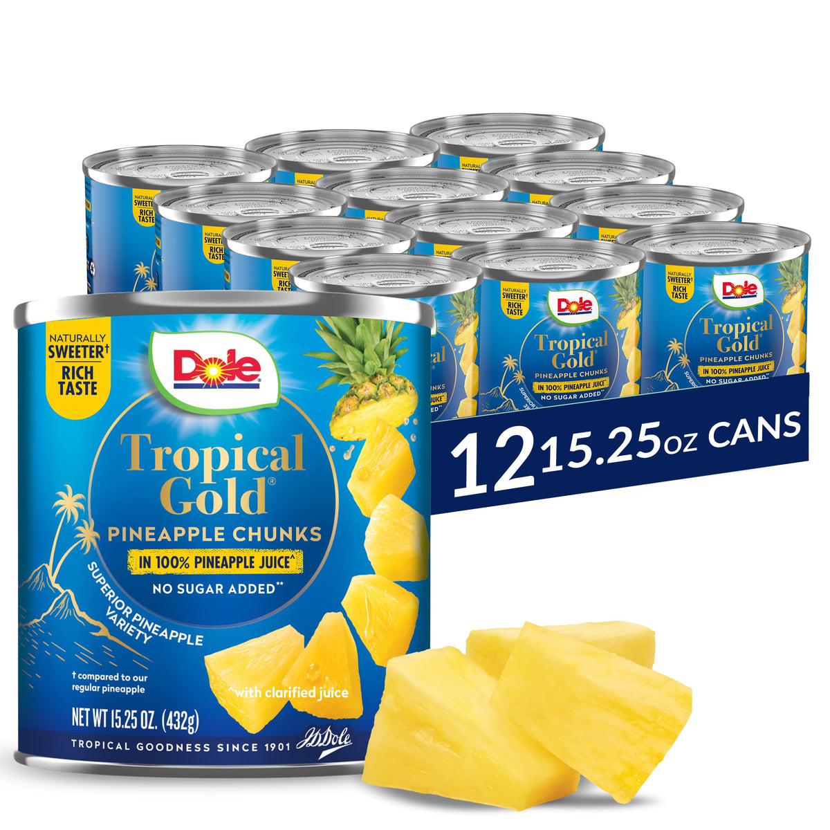 Dole Tropical Gold pineapple chunks in juice, glossy golden pieces ready for snacking
