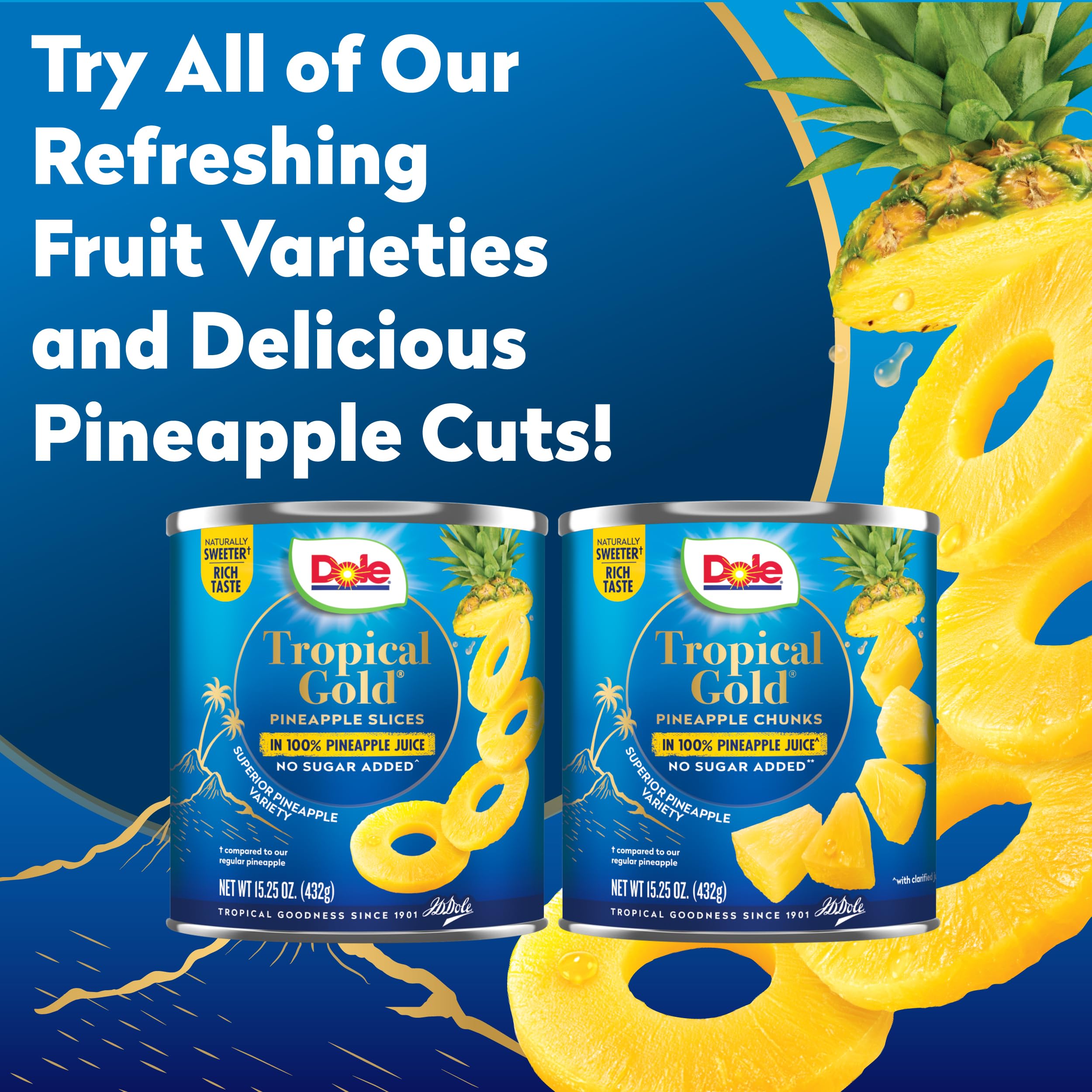 Gluten-free label on DOLE pineapple chunks emphasizing no added sugar
