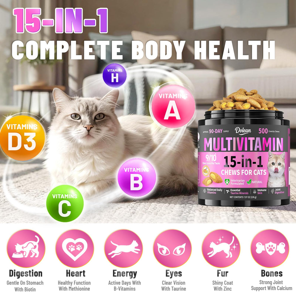 Dolean 15-in-1 cat multivitamin label — comprehensive daily nutrition.
