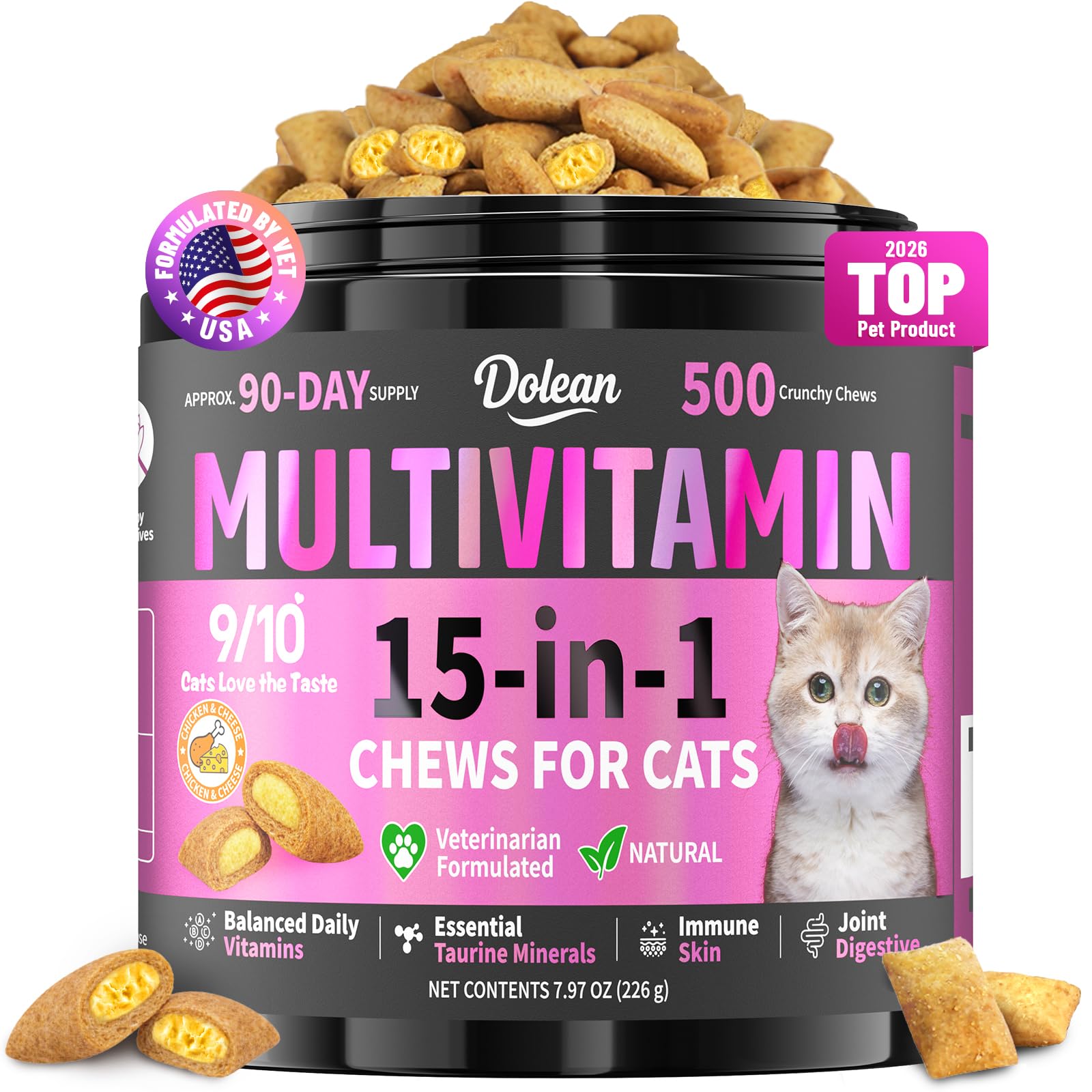 Dolean taurine cat treats jar front — supports daily vitality.