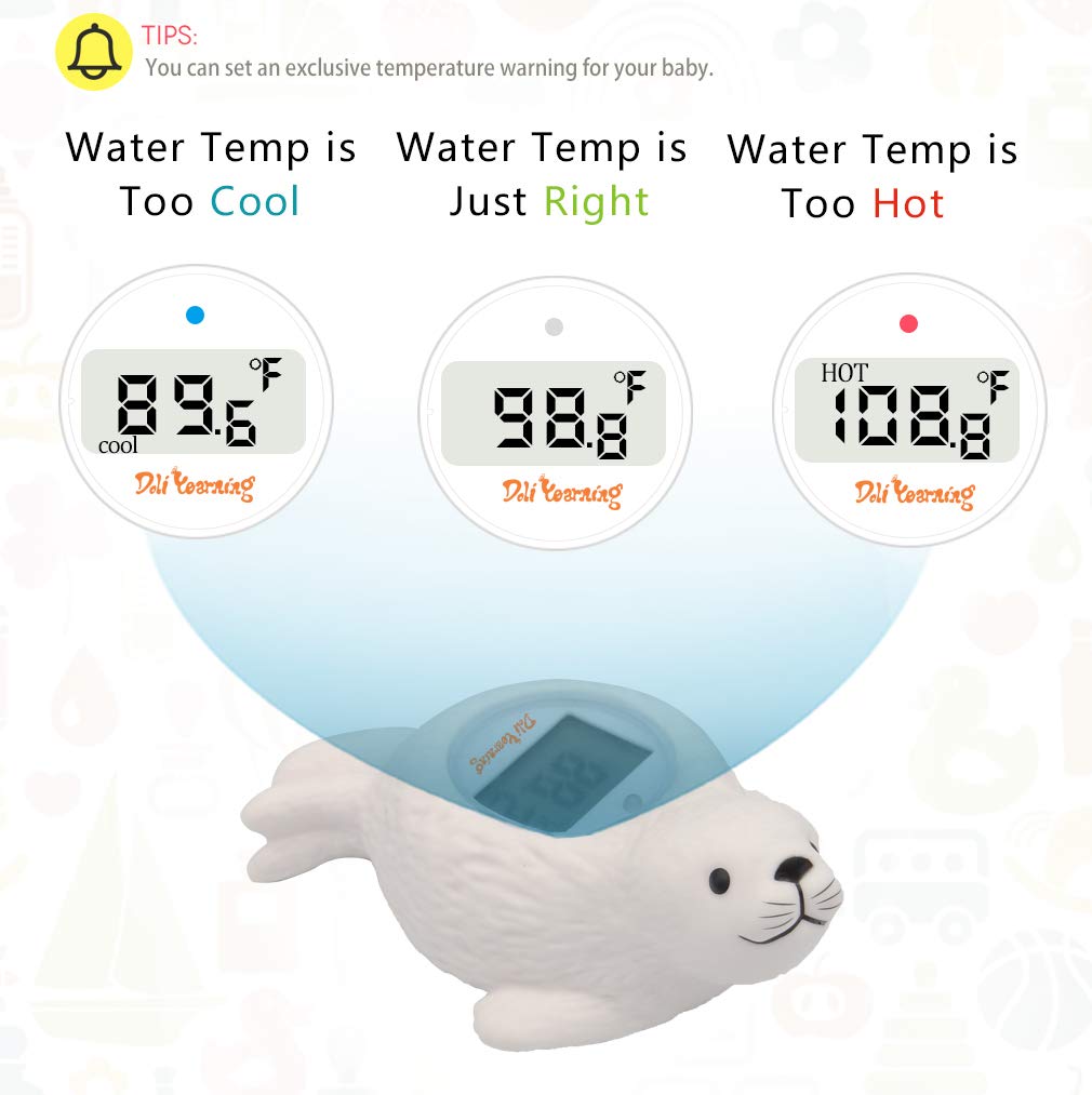 Doli Yearning bath thermometer features a bottom switch for easy Celsius or Fahrenheit reading.