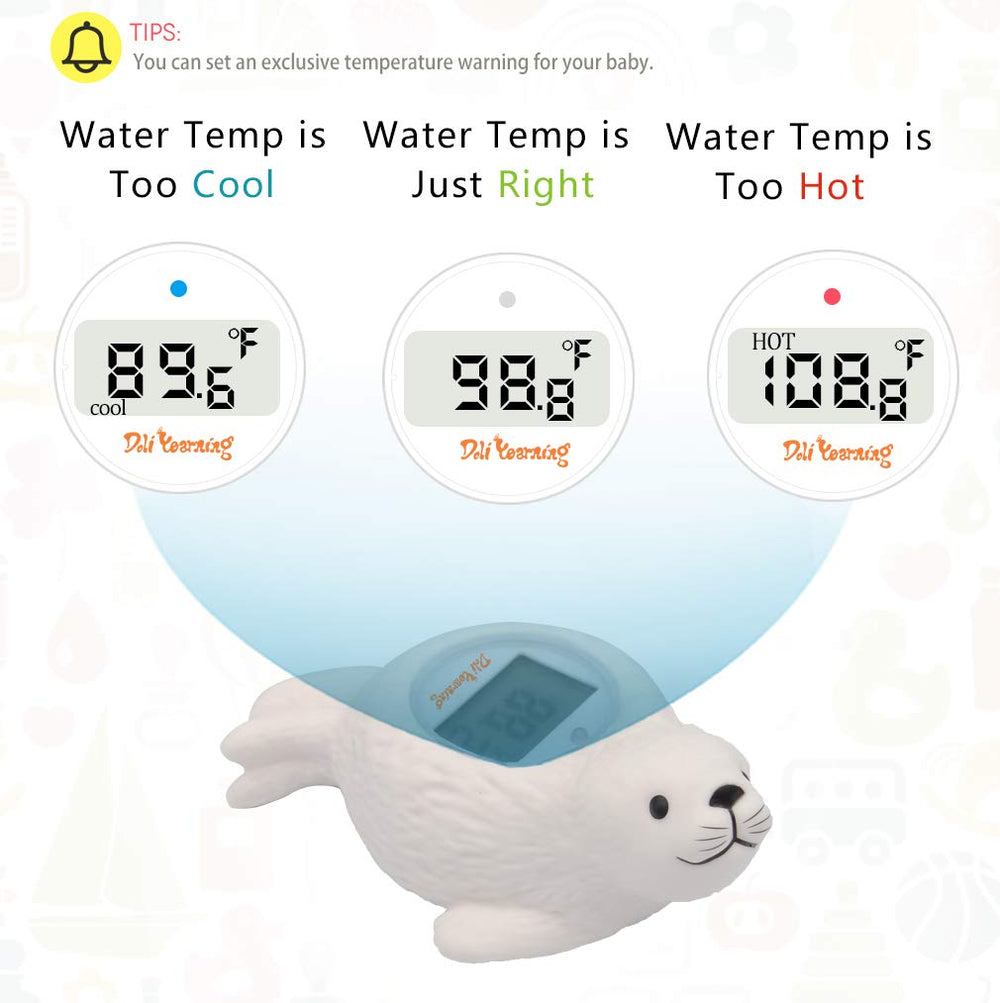 Doli Yearning bath thermometer features a bottom switch for easy Celsius or Fahrenheit reading.