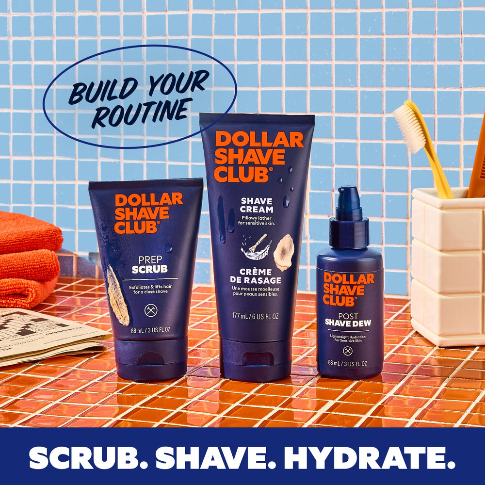Dollar Shave Club Shave Cream bottle shows no alcohol or parabens.