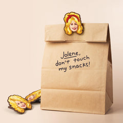 Dolly Parton bag clip big curls keeps snacks fresh with playful style