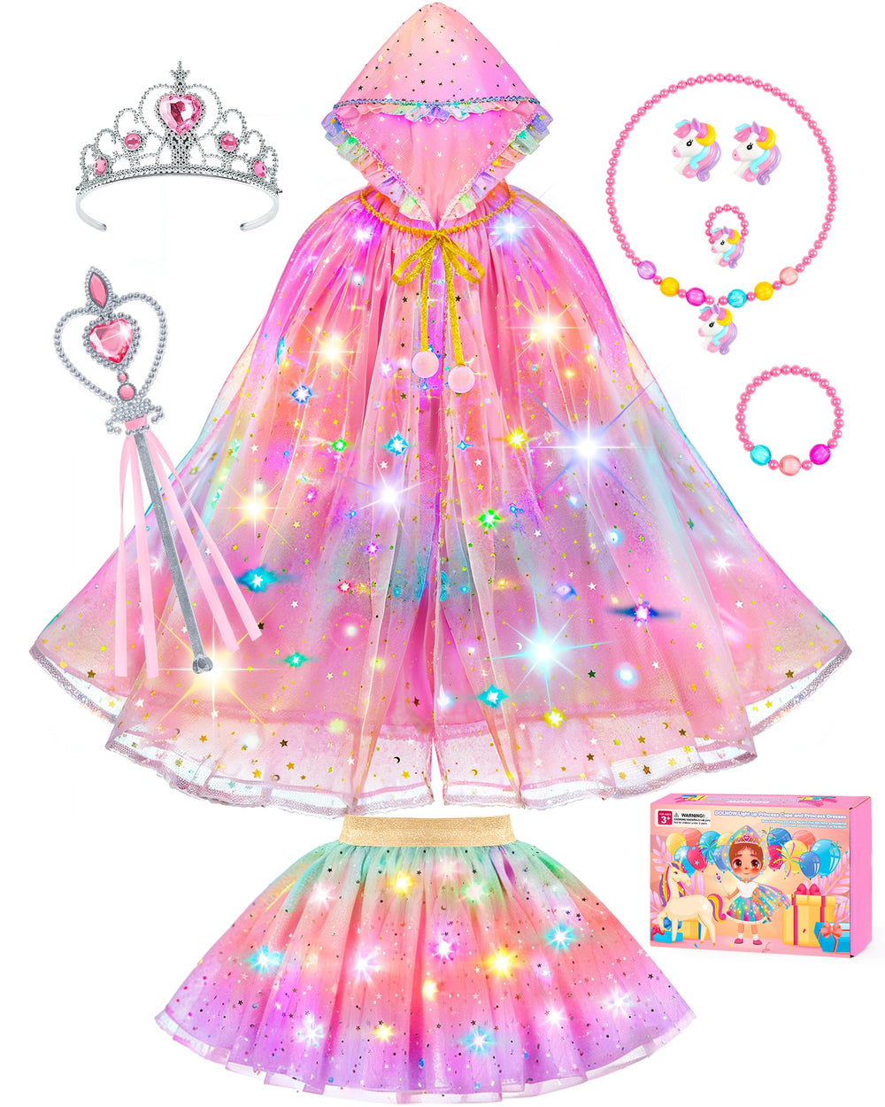 DOLNOW princess light-up cape with rainbow LEDs for magical night-time play