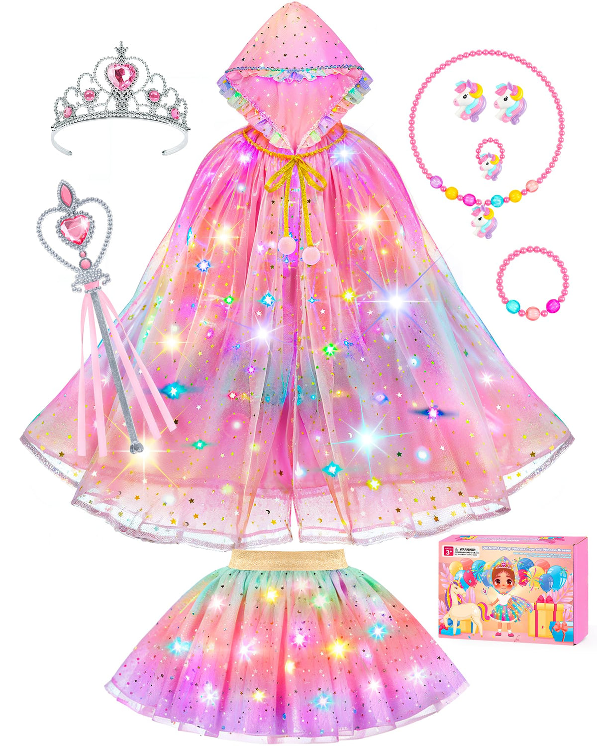 DOLNOW princess light-up cape with rainbow LEDs for magical night-time play