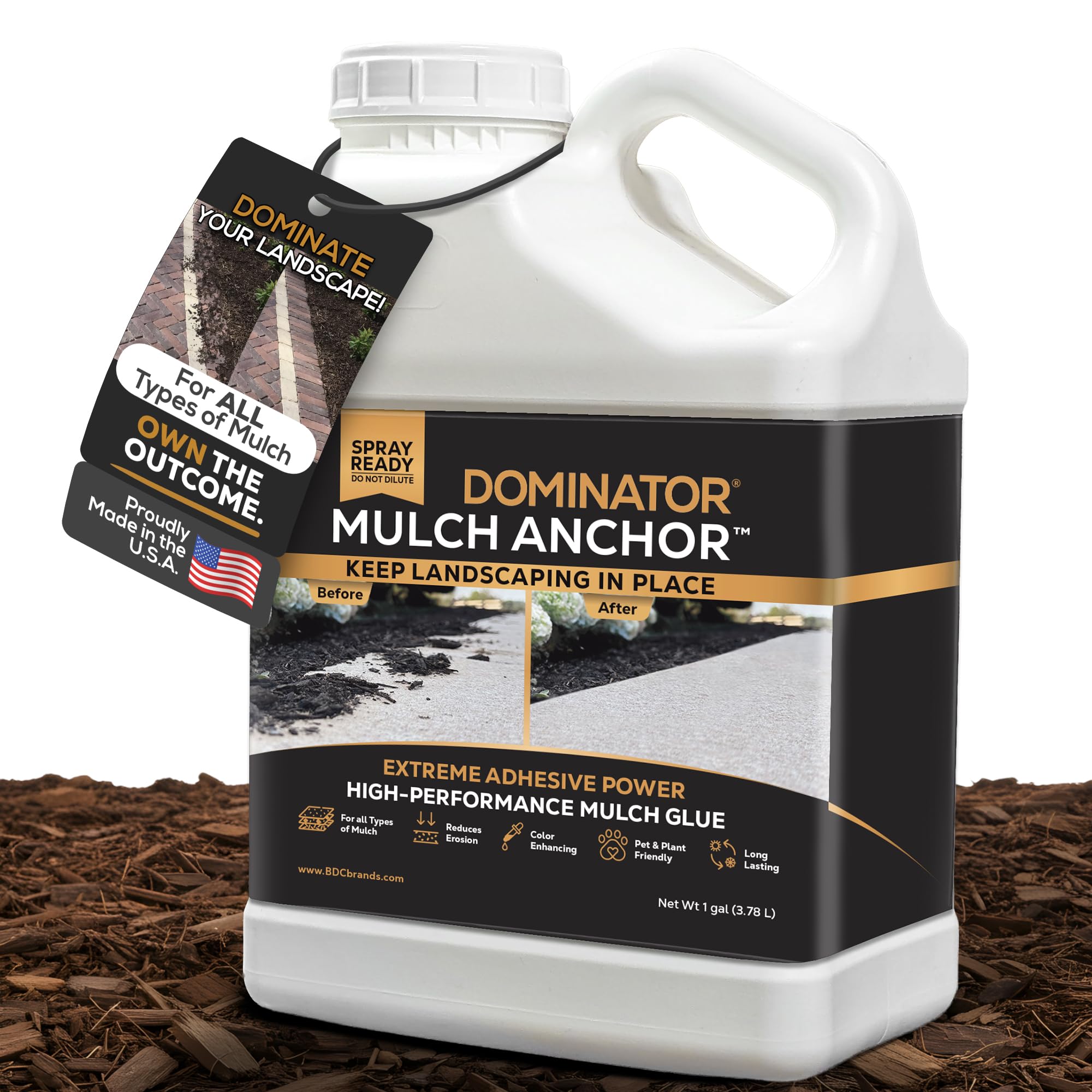 Dominator Mulch Anchor bottle front shows ready-to-use mulch glue for outdoor surfaces.