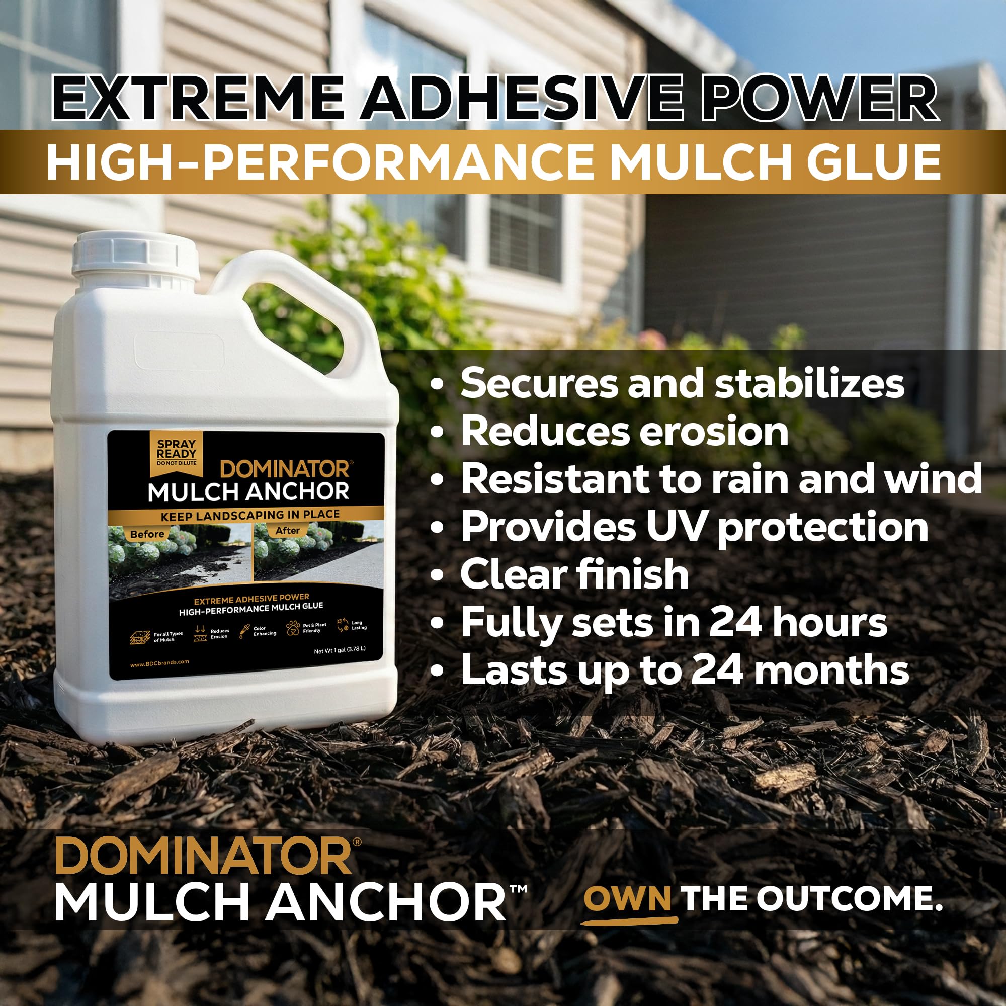 Dominator Mulch Anchor drying time shows set in hours under varying weather conditions.