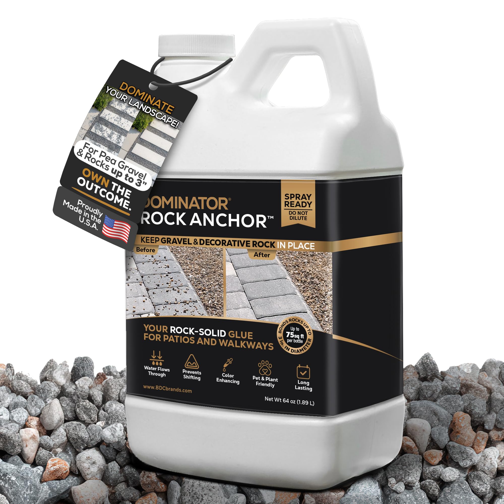 Dominator Rock Anchor 64oz bottle pour demonstrates easy, consistent coverage for rock beds.