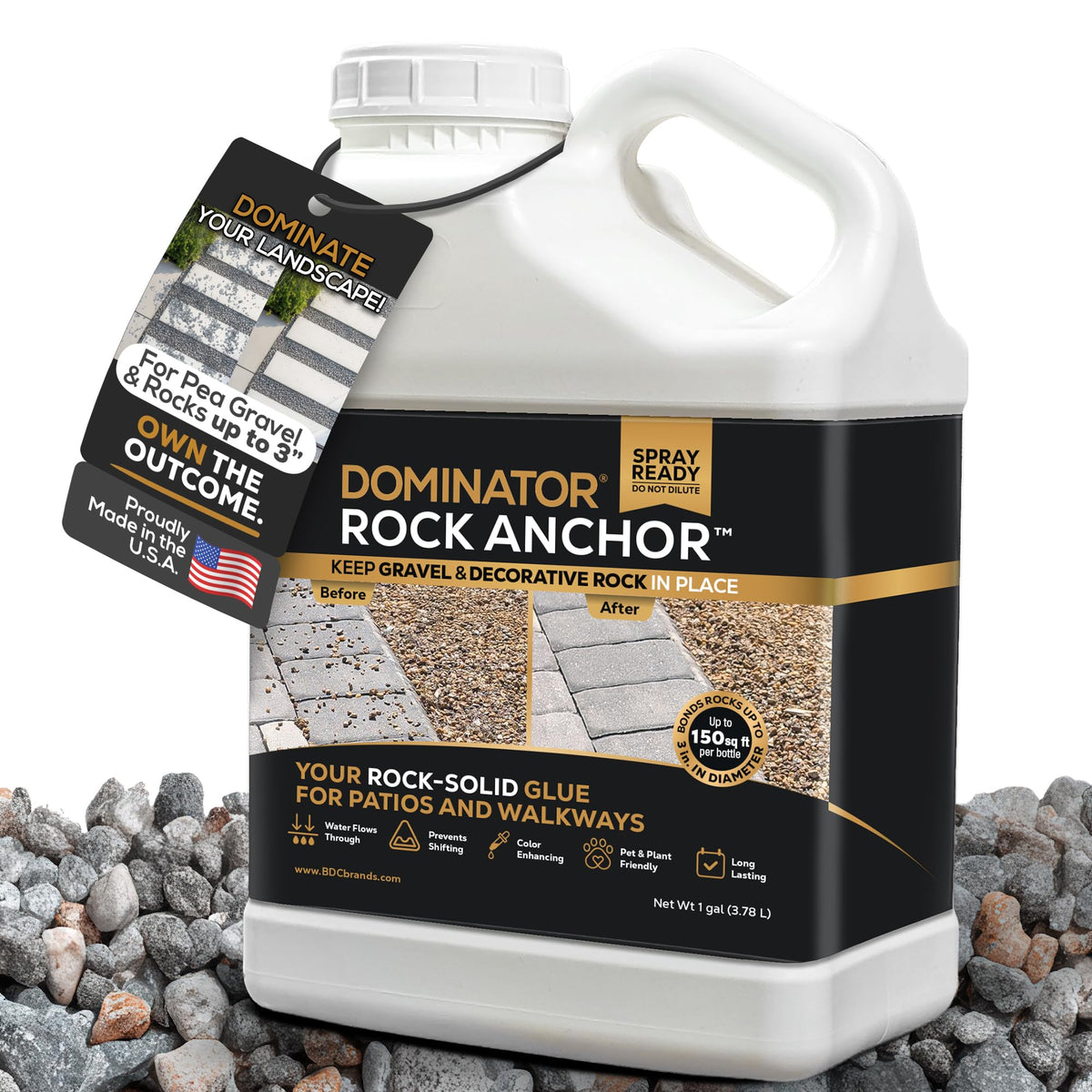 Dominator Rock Anchor bottle demonstrates easy, ready-to-spray application for stable rock landscaping.
