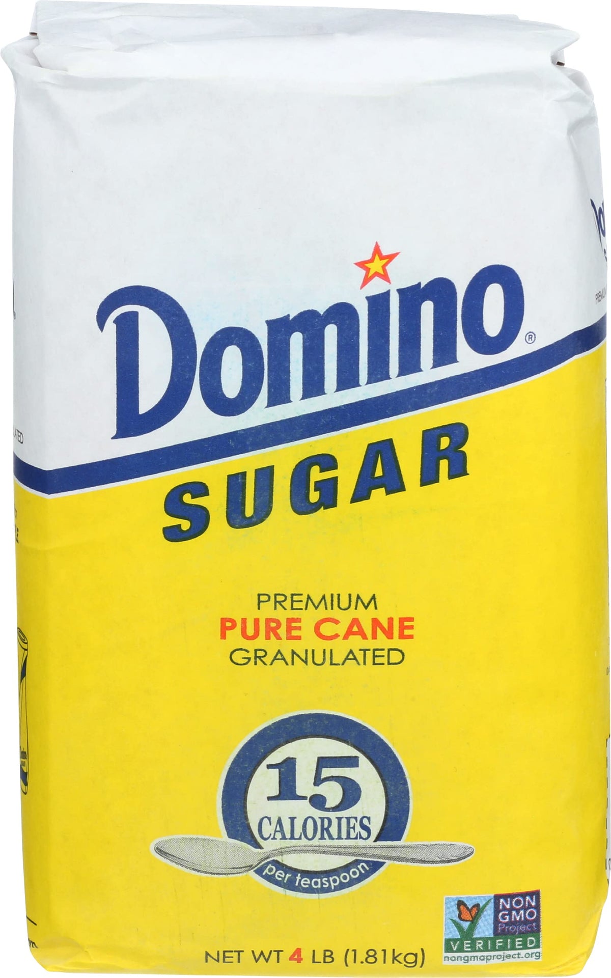Domino granulated white sugar pack front, premium cane sweetness for baking and beverages.