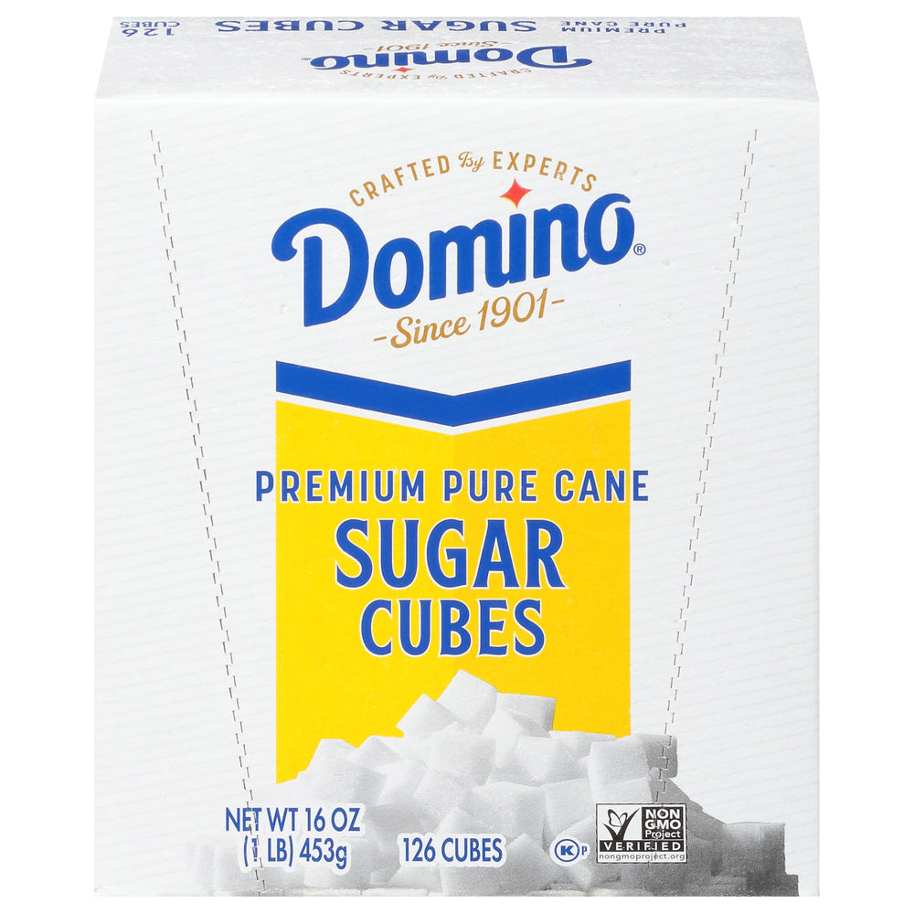 Domino premium cane sugar cubes dots; convenient measured sweetness for coffee, tea, and baking.
