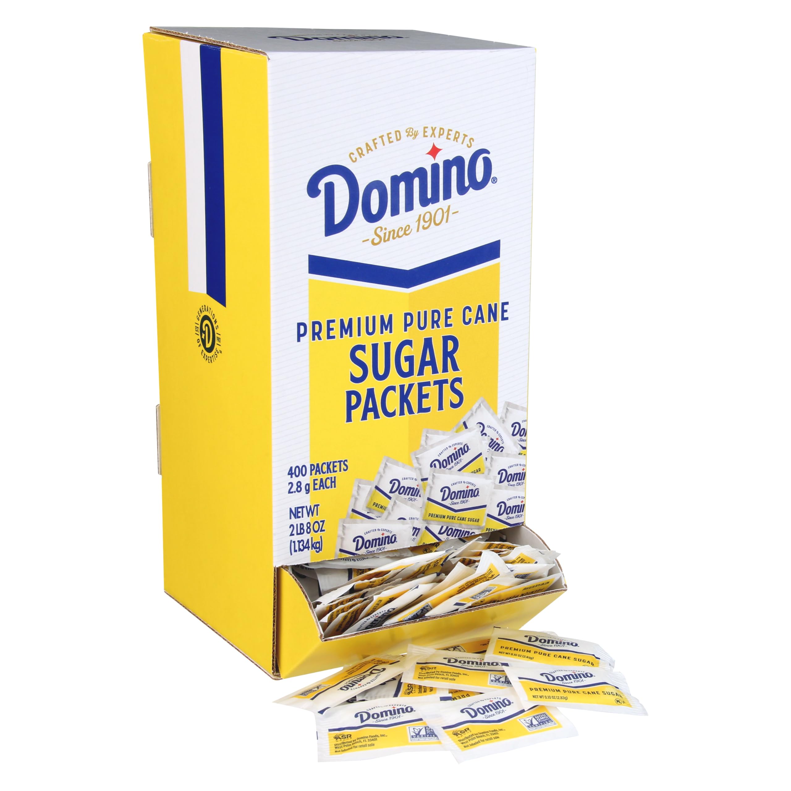 Domino sugar packets in dispenser box for quick self-serve sweetening.