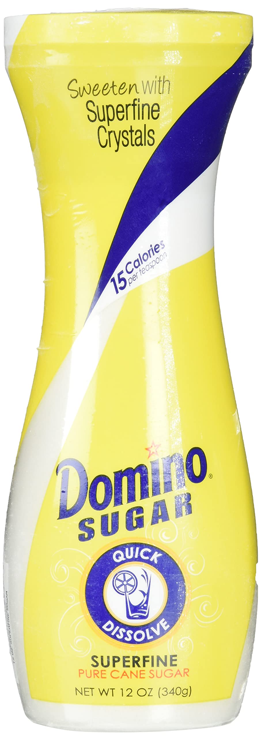 Domino white sugar quick dissolve bottle pour facilitates easy sweetening in beverages.