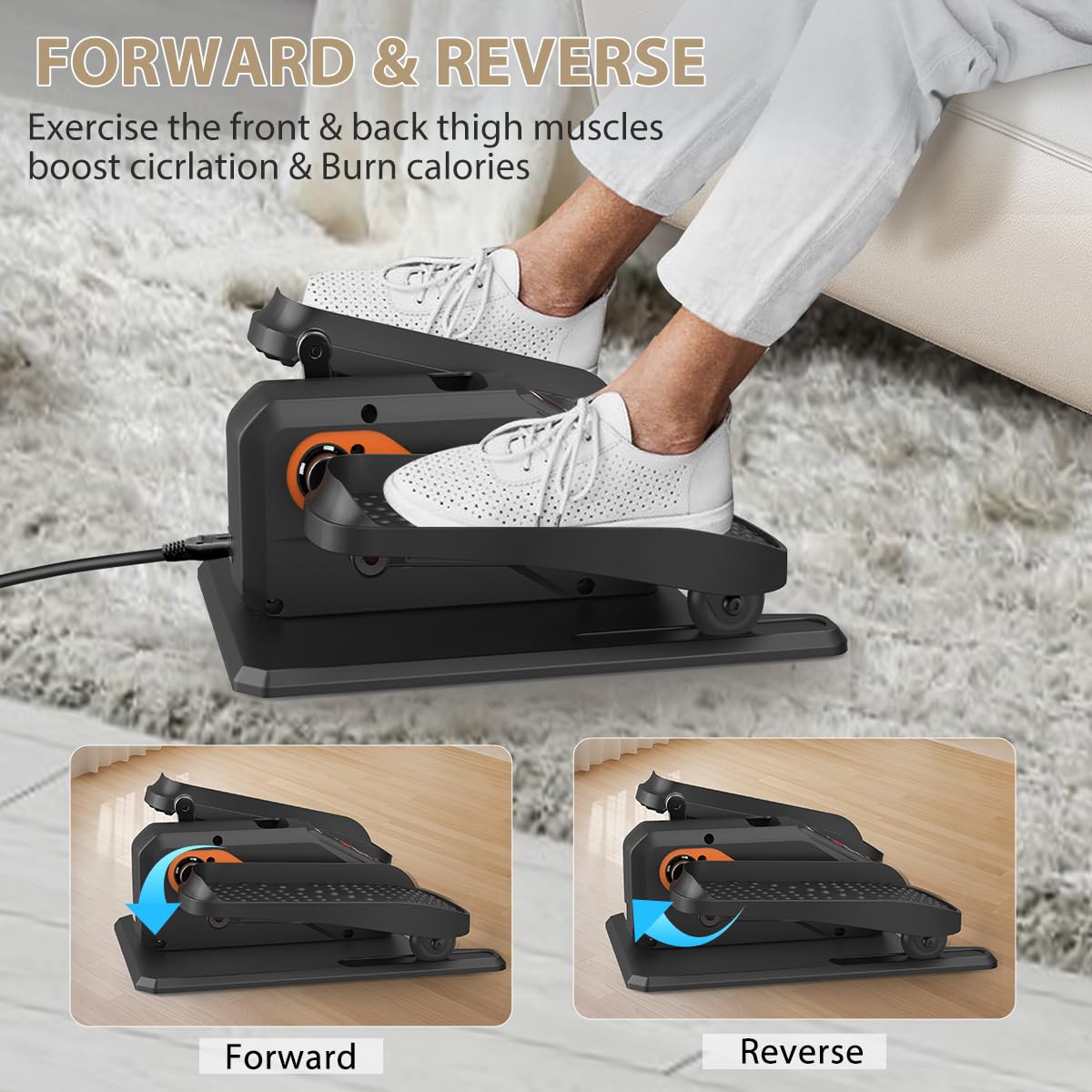 DOMNIU under desk elliptical forward-backward motion for varied engagement.