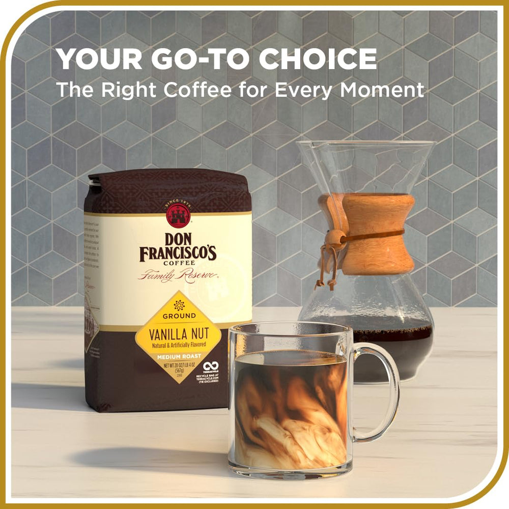 Don Francisco's Vanilla Nut coffee cup showcases a smooth, inviting flavor.