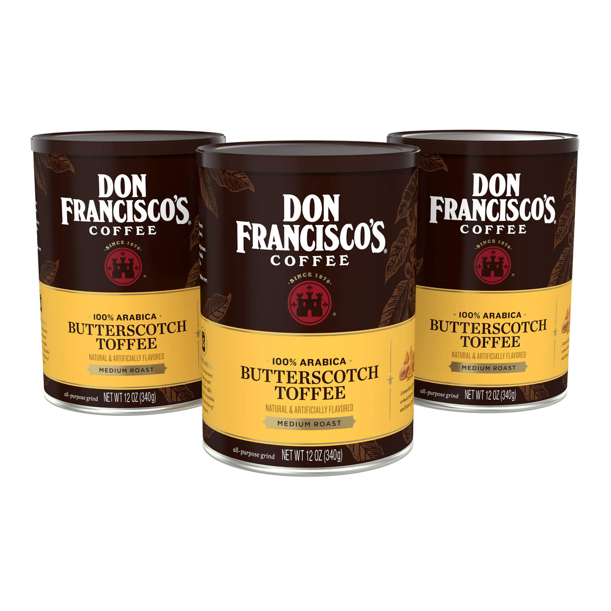 Don Francisco's Butterscotch Toffee ground coffee can label with rich aroma for morning rituals.