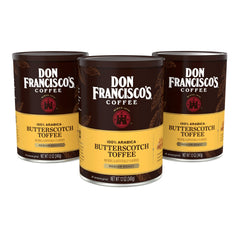 Don Francisco's Butterscotch Toffee ground coffee can label with rich aroma for morning rituals.