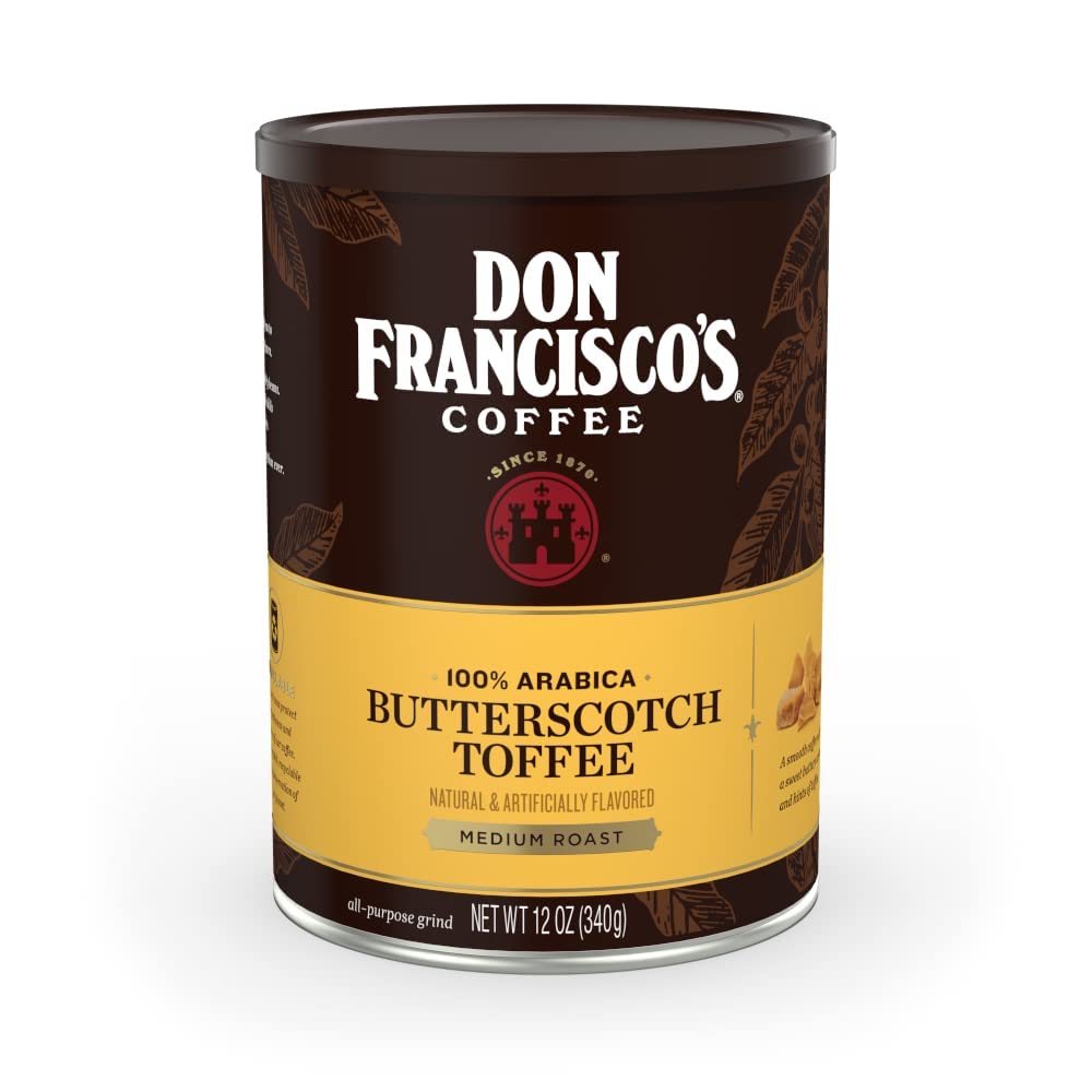 Don Francisco's Butterscotch Toffee ground coffee can with rich aroma for drip brewing