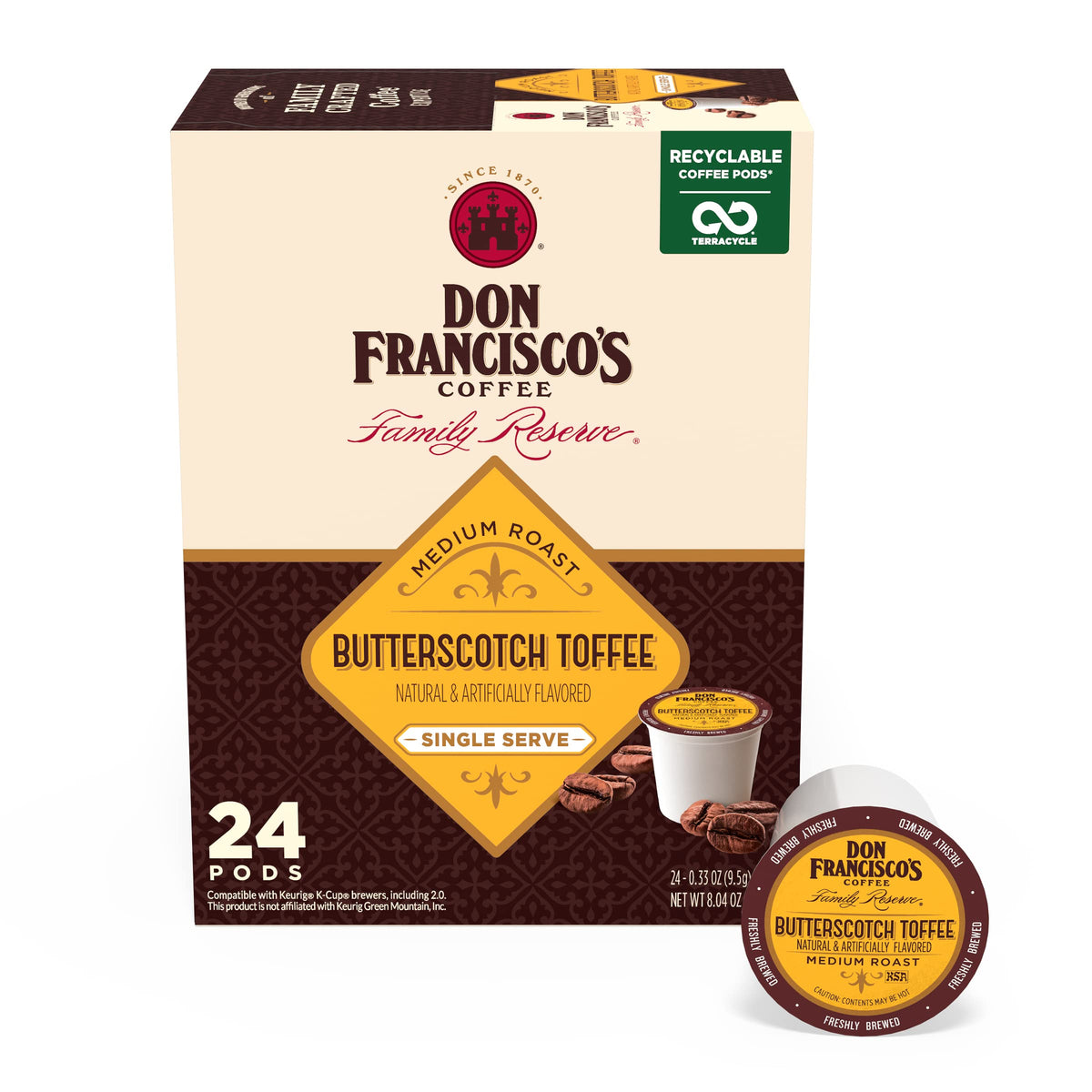 Box of Don Francisco's Butterscotch Toffee coffee pods for quick daily brews.