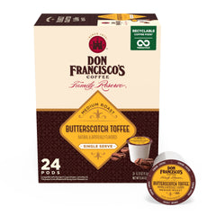 Box of Don Francisco's Butterscotch Toffee coffee pods for quick daily brews.