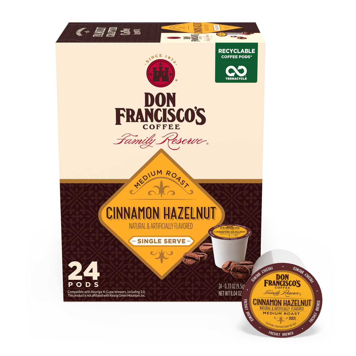 Don Francisco's Cinnamon Hazelnut pods on the box front for quick mornings