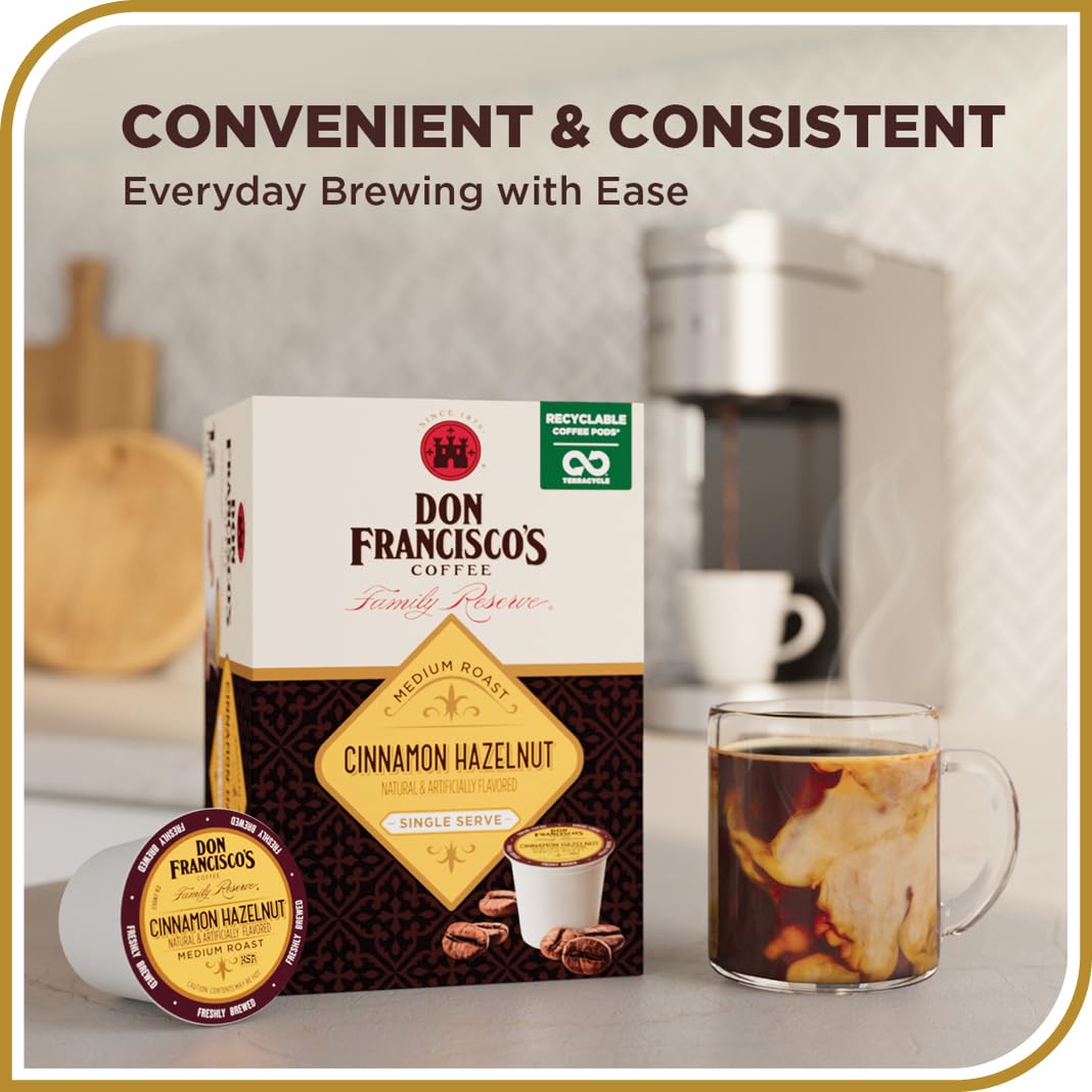 Don Francisco's Cinnamon Hazelnut pods stacked with a cup ready for brewing