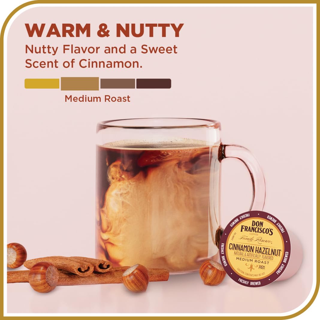 Don Francisco's Cinnamon Hazelnut packaging shows 24 count and Keurig compatibility