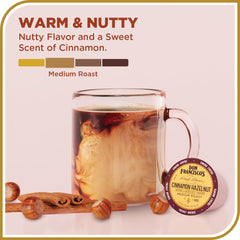 Don Francisco's Cinnamon Hazelnut packaging shows 24 count and Keurig compatibility