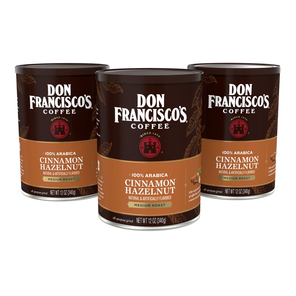Don Francisco's Cinnamon Hazelnut Coffee can showcases a rich aroma for a flavorful morning.