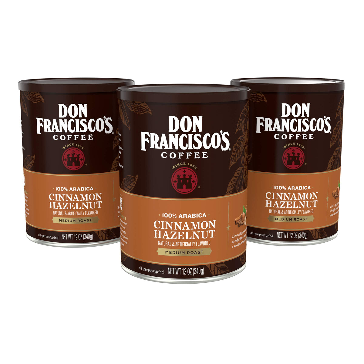 Don Francisco's Cinnamon Hazelnut Coffee can showcases a rich aroma for a flavorful morning.