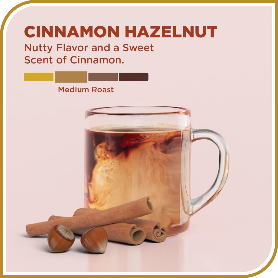 Steaming cup of Don Francisco's Cinnamon Hazelnut Ground Coffee showing inviting warmth and nutty sweetness.