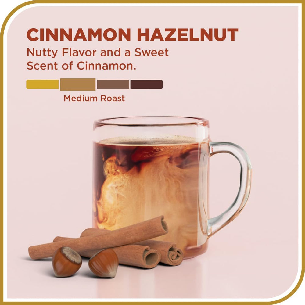 Steaming cup of Don Francisco's Cinnamon Hazelnut Ground Coffee showing inviting warmth and nutty sweetness.