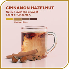Steaming cup of Don Francisco's Cinnamon Hazelnut Ground Coffee showing inviting warmth and nutty sweetness.