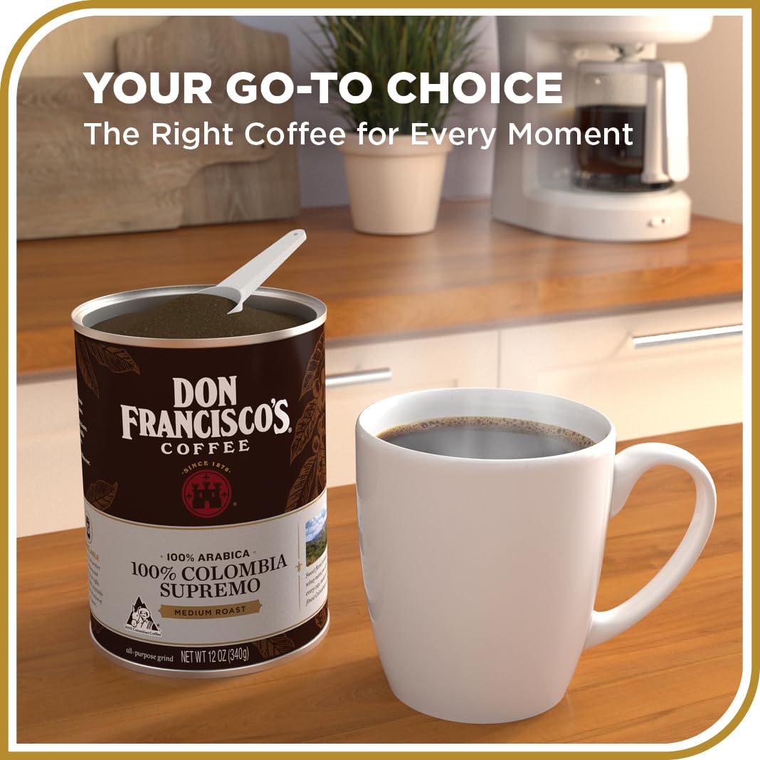 Don Francisco's coffee mug steams with floral aroma from Supremo blend.