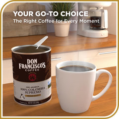 Don Francisco's coffee mug steams with floral aroma from Supremo blend.