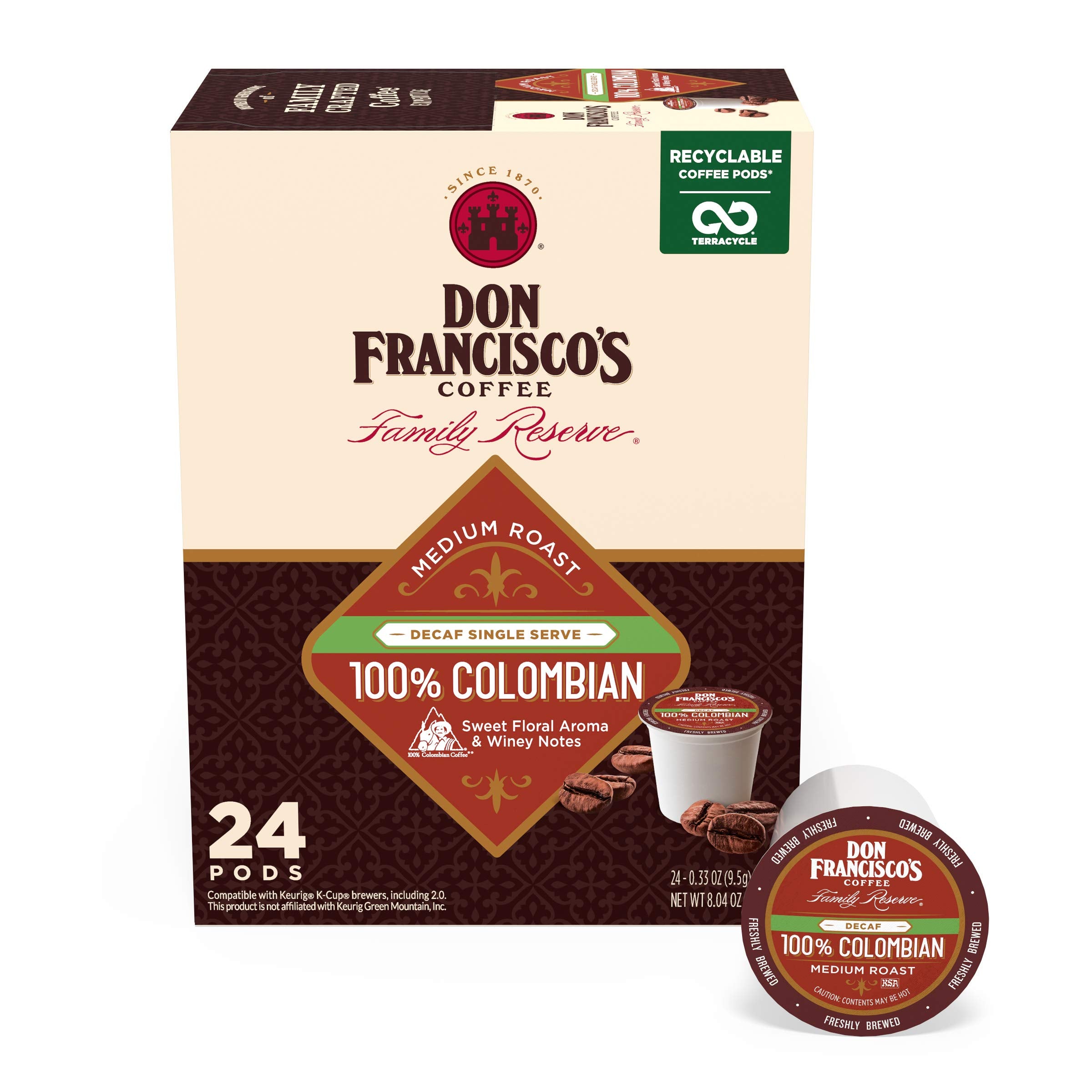 Don Francisco's decaf Colombia coffee pods in a 24-count box for easy daily brewing.