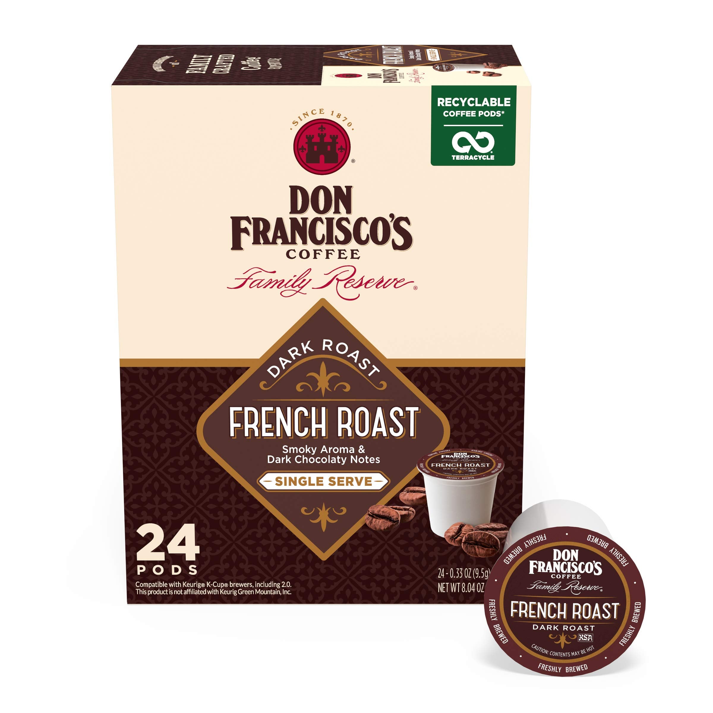 Don Francisco's French Roast pods pack showing a 24-count box for easy home brewing.