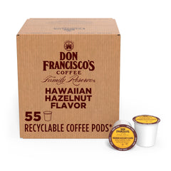 Don Francisco's Hawaiian Hazelnut flavor coffee pods in box for easy daily brew.