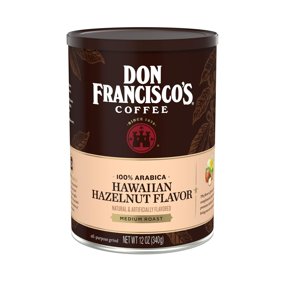 Don Francisco's Hawaiian Hazelnut ground coffee can packaging preserves freshness for easy storage.