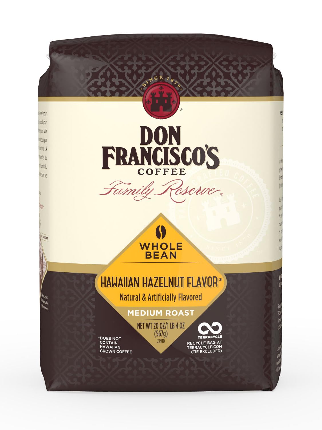 Don Francisco's Hawaiian Hazelnut whole bean nitrogen-flush bag preserves freshness for drip brewing.