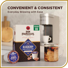 Keurig brewer ready with Don Francisco's blueberry pod for a quick cup