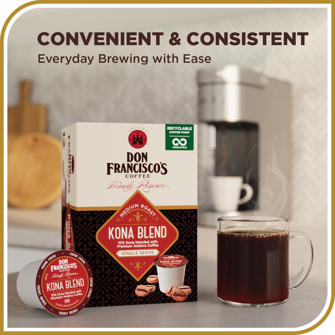 Steam above a cup reveals floral notes from Don Francisco's Kona Blend.
