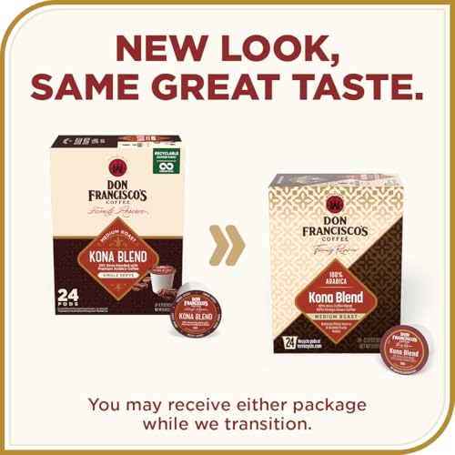 Don Francisco's Kona Blend pods brewing in cup for quick Keurig enjoyment.