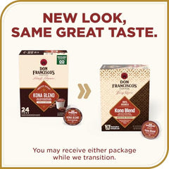 Don Francisco's Kona Blend pods brewing in cup for quick Keurig enjoyment.